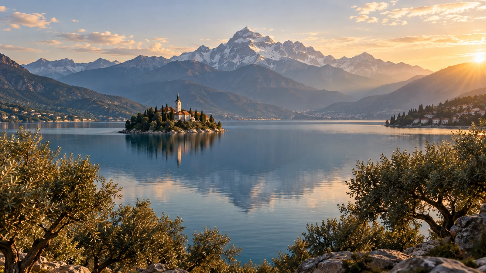 Paisaje de lago y montañas sin oscurecimiento